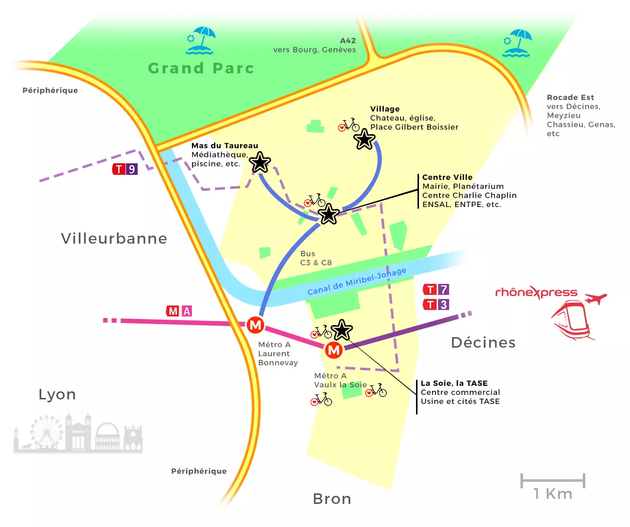 Carte simplifiée des principaux transports à Vaulx‑en‑Velin - juin 2025